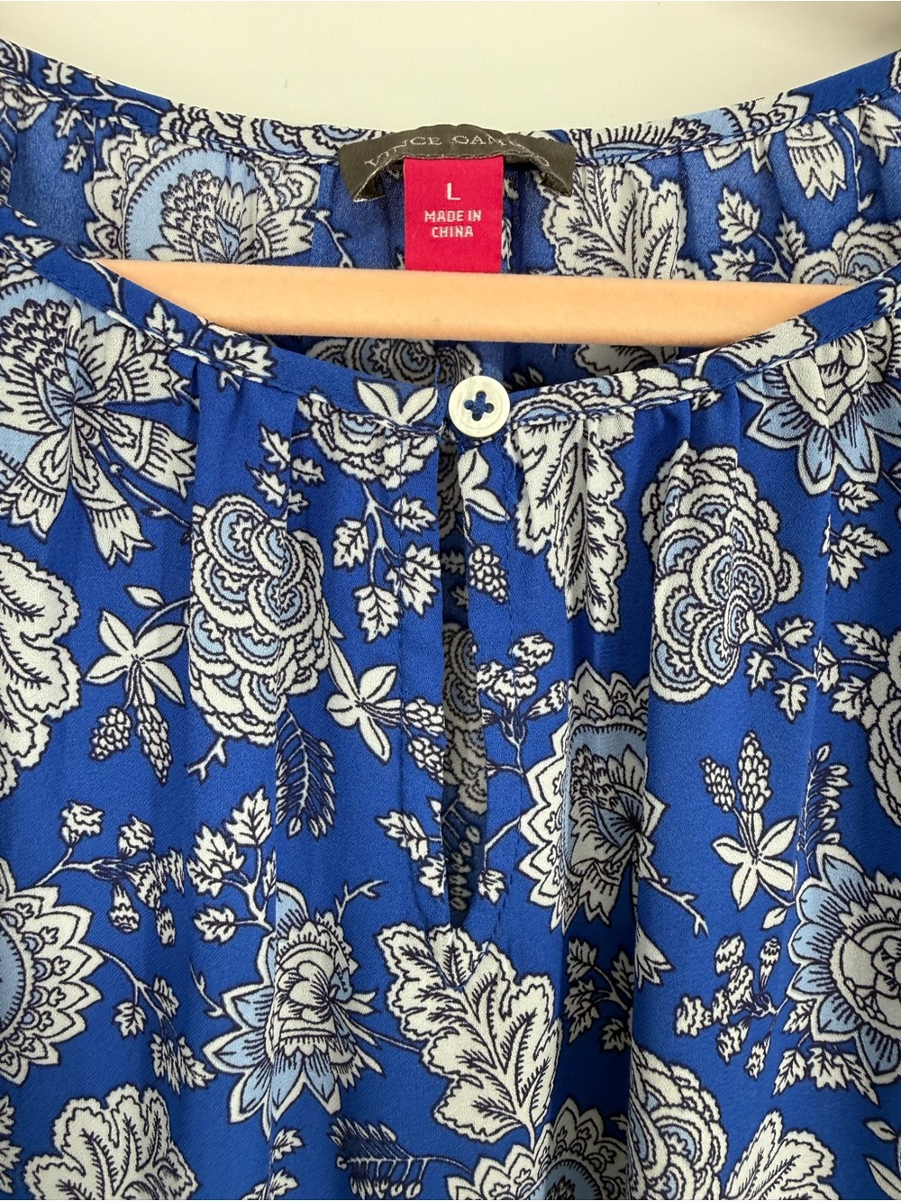 Vince Camuto Blue White Floral Keyhole Neck Boho Peasant Top Blouse Large - Picture 4 of 7